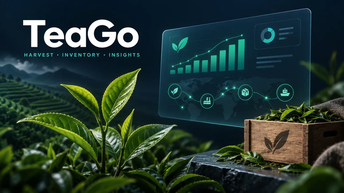 Concept illustration of tea leaves, harvest analytics, and tea supply chain management